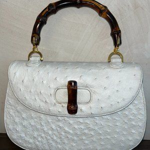 GUCCI Vintage White Ostrich 1947 Bamboo Top Handle Hand Bag